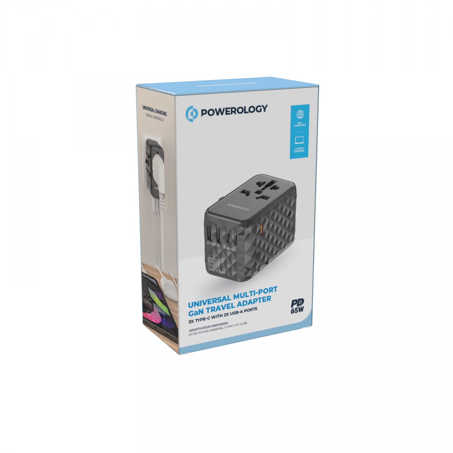 Powerology Universal Multi-Port Travel Adapter PD 65W ( 3X Type-C / 2X USB-A Ports ) -