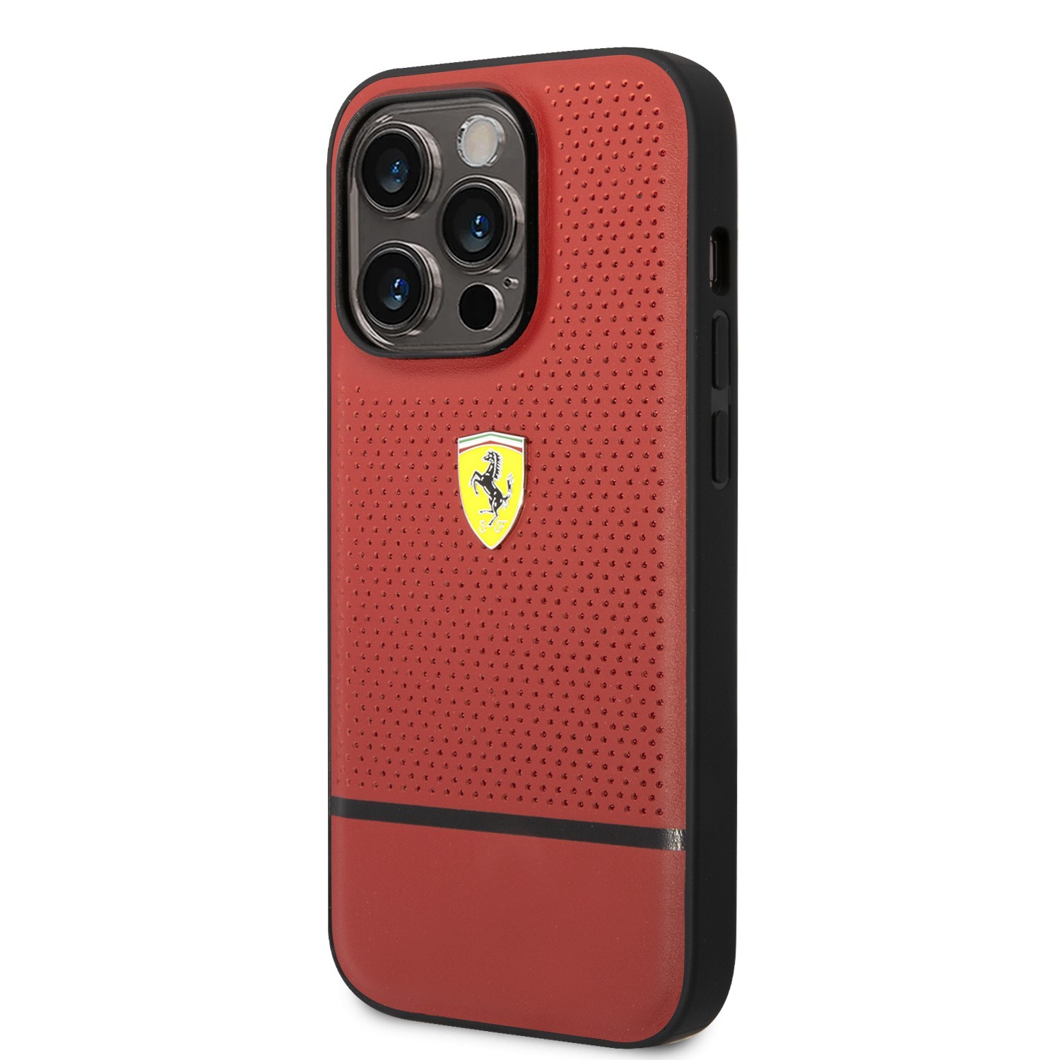 Ferrari Leather Perforated & Line Hard Case for iPhone 14 Pro Max - Red