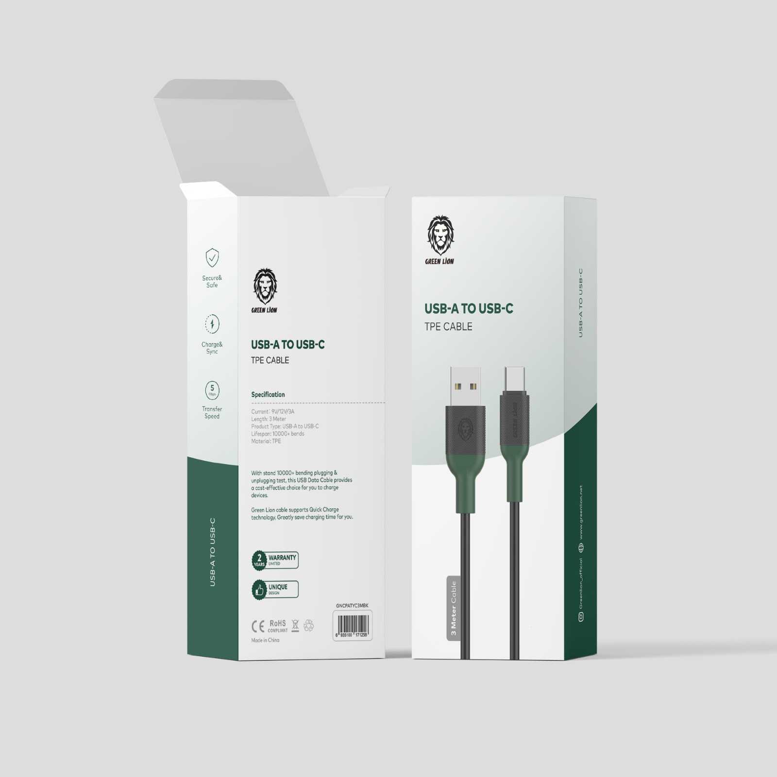 Green Lion USB-A to Type-C TPE Cable 3M - Black